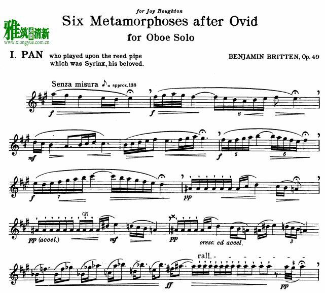 Benjamin Britten 布里顿 Six Metamorphoses after Ovidius 欧韦蒂斯的6种化身双簧管谱 找