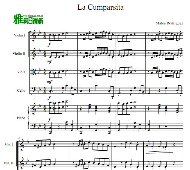 La Cumparsita 假面舞会弦乐四重奏钢琴伴奏谱