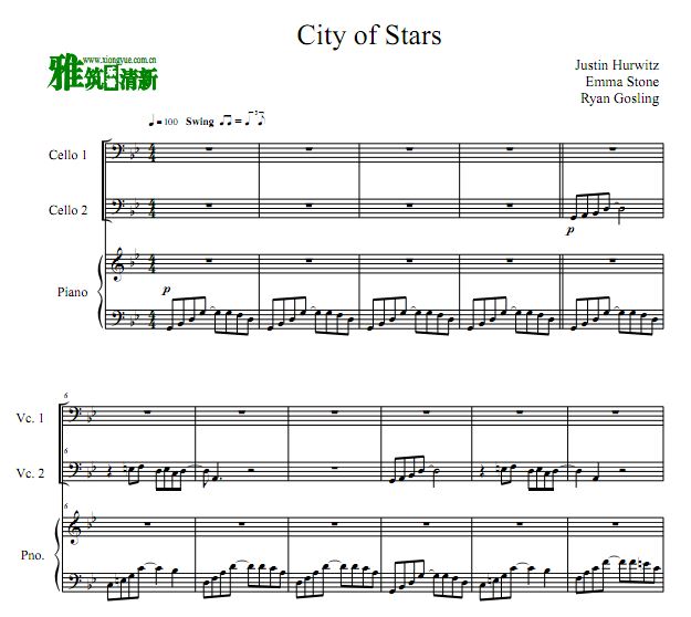 City Of Stars 大提琴二重奏钢琴伴奏谱