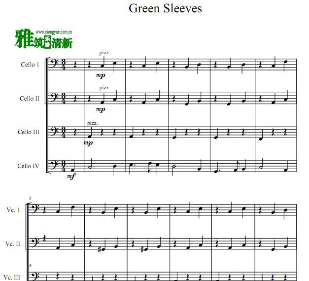 Green sleeves 绿袖子大提琴四重奏谱
