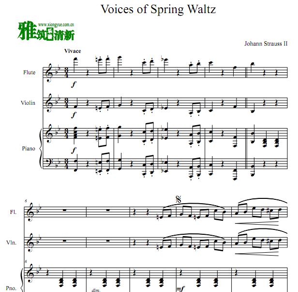 小约翰·施特劳斯 春之声圆舞曲 长笛小提琴钢琴合奏谱