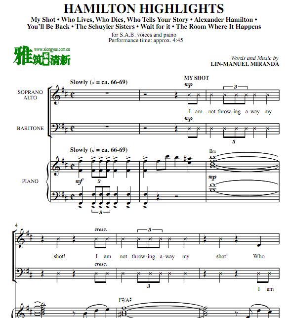 Hamilton Highlights 汉密尔顿歌曲串烧三声部合唱谱