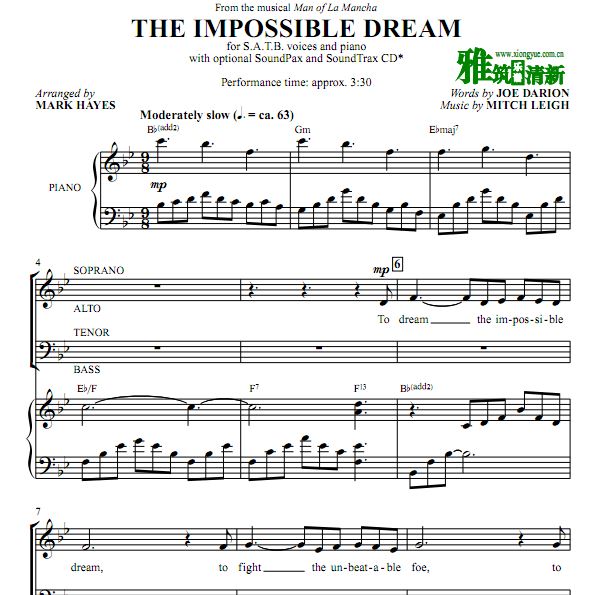 The Impossible Dream 四声部合唱钢琴伴奏谱