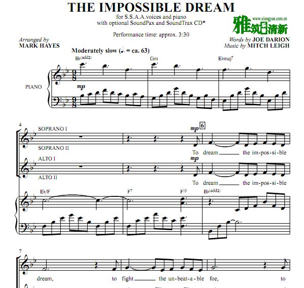 The Impossible Dream SSAA 四声部合唱钢琴伴奏谱