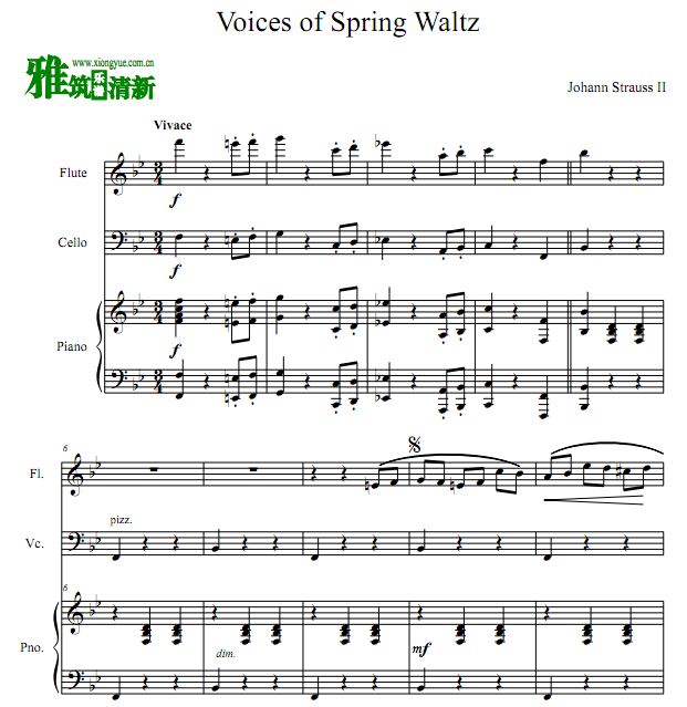 小约翰·施特劳斯 春之声圆舞曲 长笛大提琴钢琴合奏谱