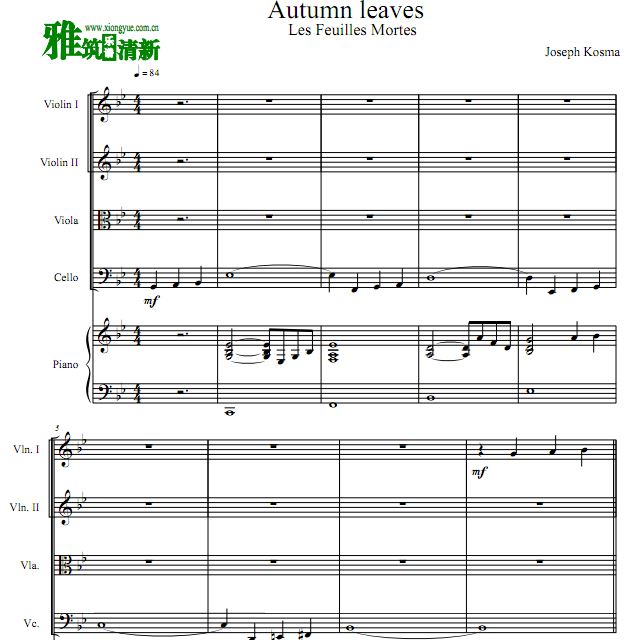 Autumn Leaves 秋叶弦乐四重奏钢琴伴奏谱