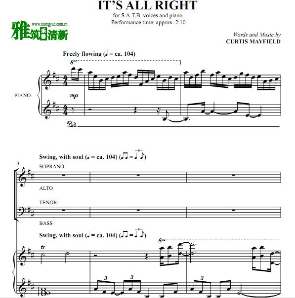 It's all right 四声部合唱钢琴伴奏谱