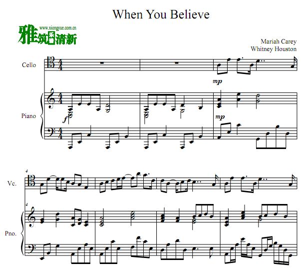 埃及王子 - When You Believe大提琴钢琴谱