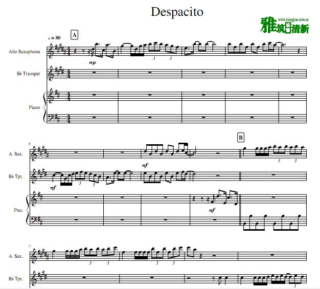 Despacito萨克斯小号钢琴三重奏谱