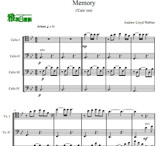 音乐剧猫 - Memory 大提琴四重奏谱