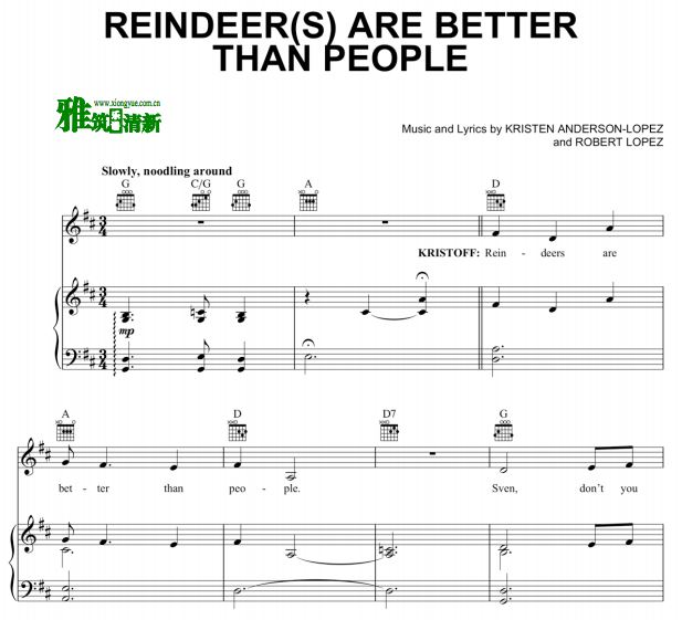 冰雪奇缘 Reindeer are better than people 声乐钢琴伴奏谱