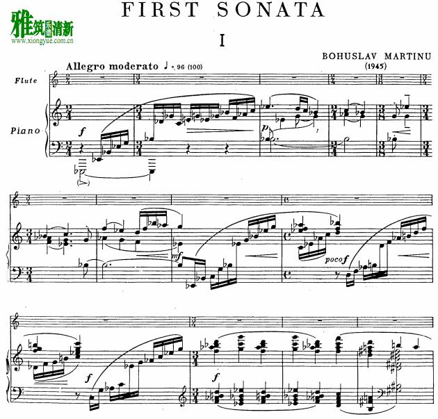Bohuslav Martinu 马蒂努  马尔蒂努 First Sonata for Flute and Piano长笛钢琴伴奏谱