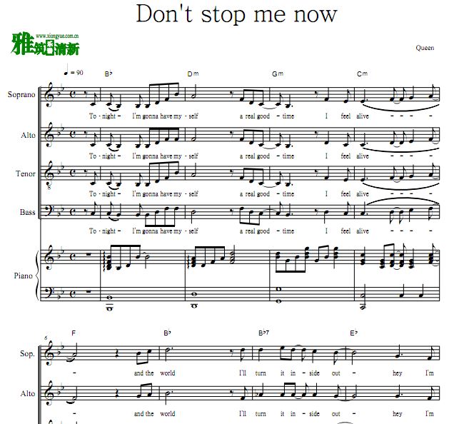 Don't Stop Me Now 四声部合唱谱 钢琴伴奏谱