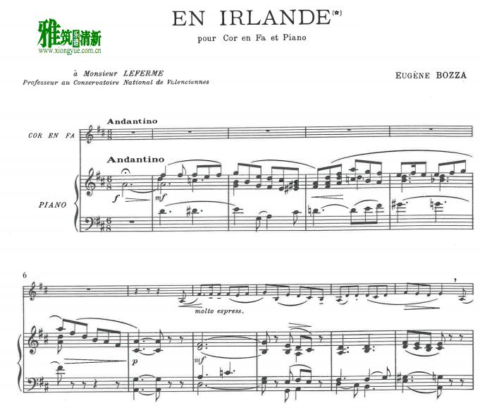 Eugene Bozza 尤金·博扎 - en irlande 圆号钢琴伴奏谱