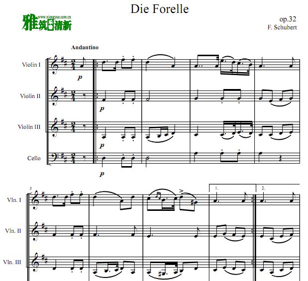 舒伯特 Die Forelle 鳟鱼 三小提琴一大提琴四重奏谱