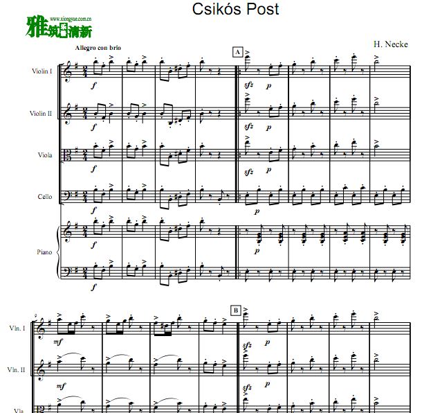 Csikós Post 邮递马车弦乐四重奏钢琴伴奏谱