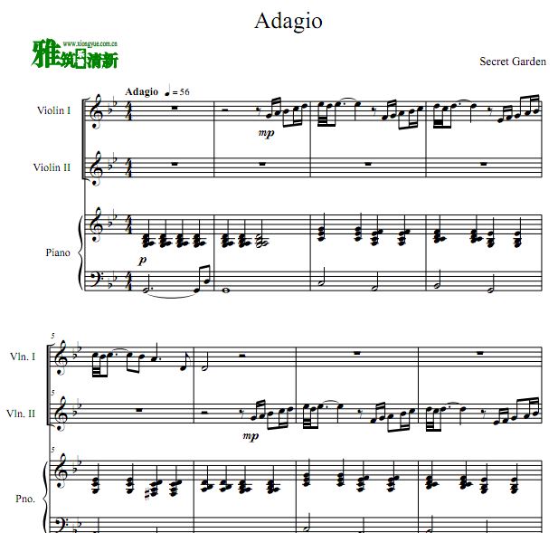 神秘园 - Adagio 柔板小提琴二重奏钢琴伴奏谱