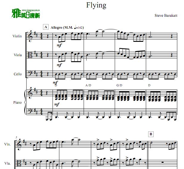 Steve Barakatt - Flying 小提琴中提琴大提琴钢琴四重奏谱