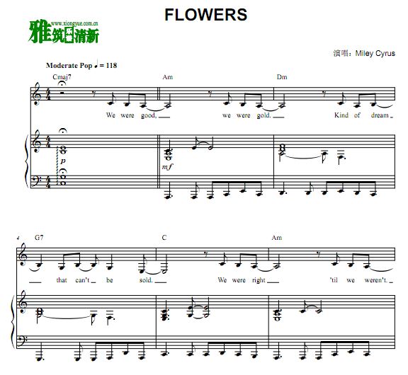 Miley Cyrus - Flowers钢琴伴奏谱 原谱 歌谱