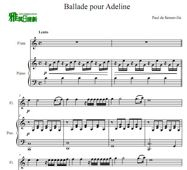 Ballade Pour Adeline 水边的阿狄丽娜长笛谱 钢琴伴奏谱