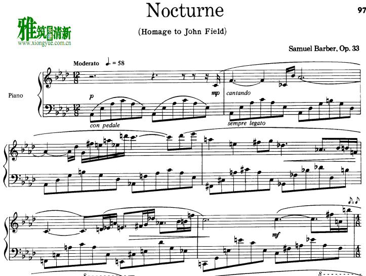 Samuel Barber - Nocturne, Op. 33钢琴谱