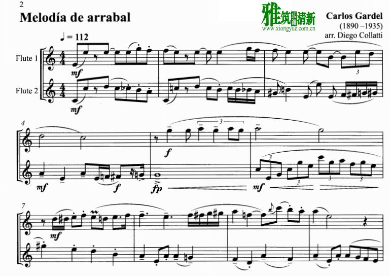 Carlos Gardel - Melodia de Arrabal长笛二重奏谱