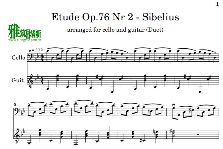 Sibelius 西贝柳斯 练习曲 Etude Op.76 No.2 大提琴吉他二重奏谱
